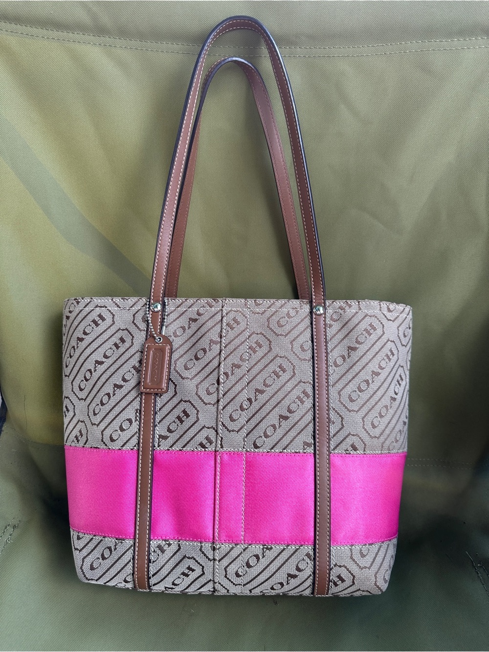Coach Beige Signature Canvas Tote with Pink Band and Brown Leather Trim
